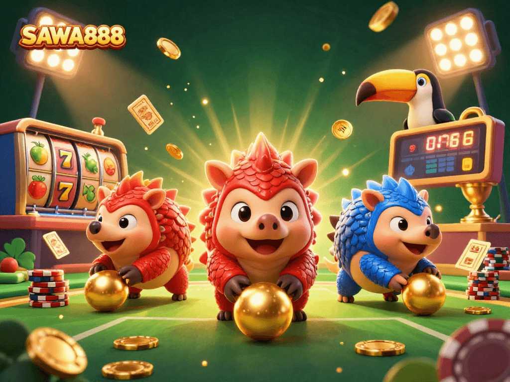 Experience thrilling gaming at SAWA888 with 3D pangolins and slot reels in a dynamic scene.