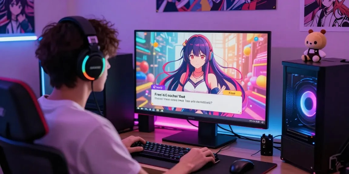 Engaging in free ai ecchi chat with colorful anime character on a computer.
