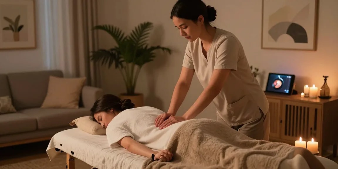 Professional home massage session showcasing 서초출장안마 with a therapist and client in a cozy setting.