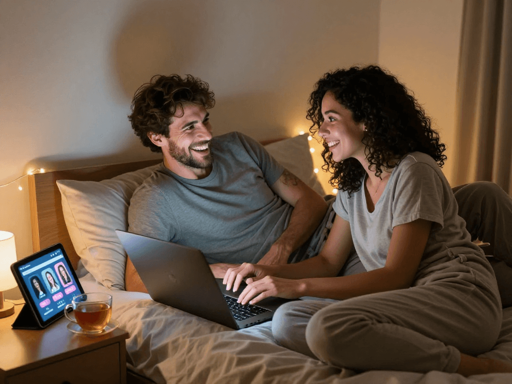 Couple enjoying a playful conversation using sex chat ai in a cozy bedroom, creating an intimate atmosphere.