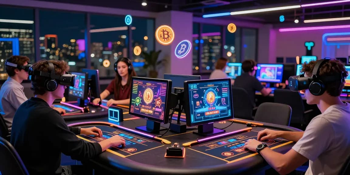 Exciting crypto casino scene with diverse players engaging in virtual games and immersive technology.