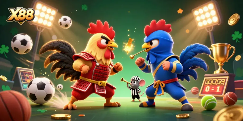 X88 showcases thrilling rooster combat in a vibrant 3D casino scene filled with sports elements and prizes.