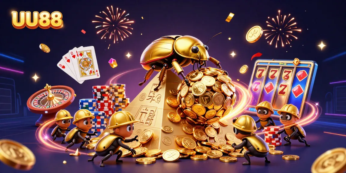 Experience the thrill of UU88 with a vibrant 3D casino scene depicting beetles and golden coins.