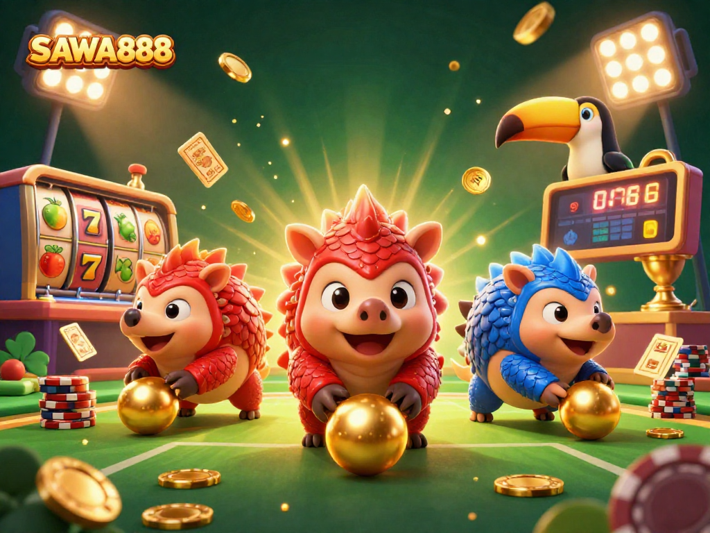 Experience thrilling gaming at SAWA888 with 3D pangolins and slot reels in a dynamic scene.
