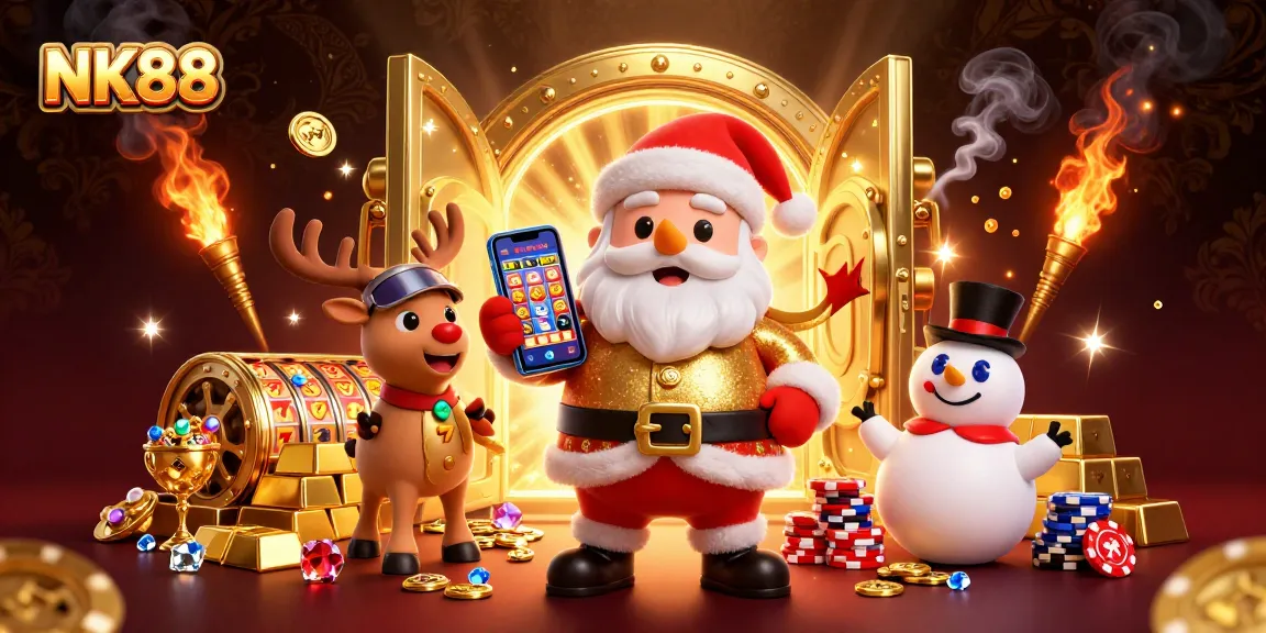 Experience thrilling jackpot wins at NK88 with Santa, his reindeer, and a poker-chip snowman.