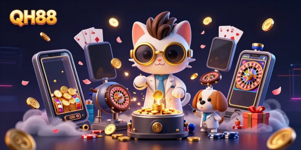 Experience thrilling gameplay with QH88 through vibrant casino-themed 3D illustration.