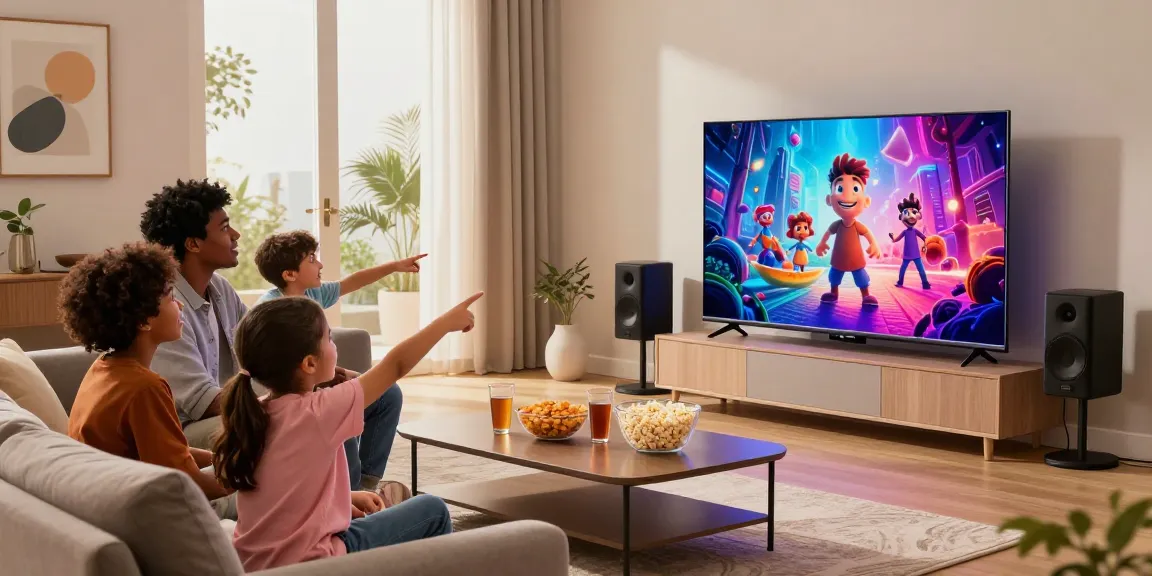 The family enjoys movie night together in their contemporary living room with a Samsung Micro RGB TV showcasing vibrant colors and immersive sound.