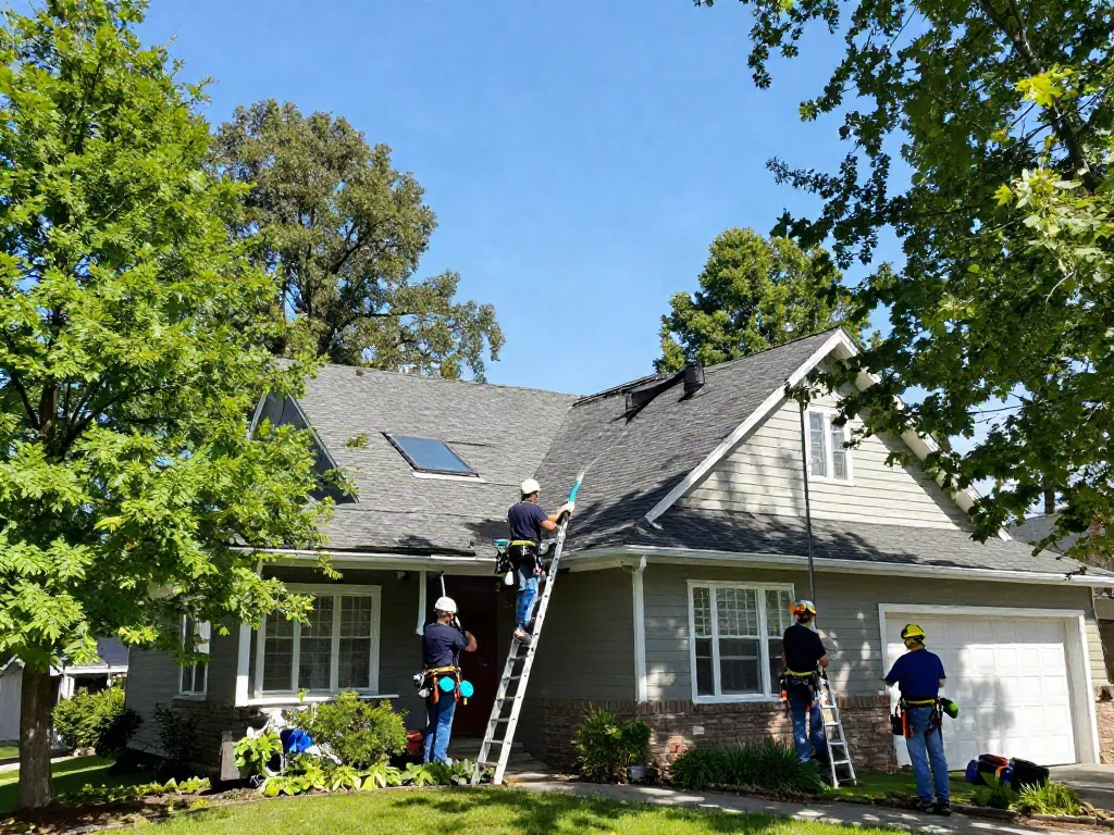 Spokane gutter cleaning team using safety gear to maintain gutters on a house.