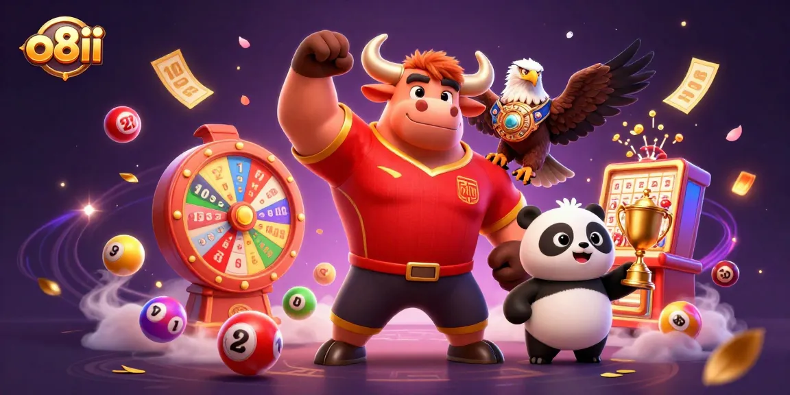 Experience vibrant action at o8ii with a dynamic illustration of a bull mascot celebrating alongside a panda and eagle, surrounded by lottery elements.