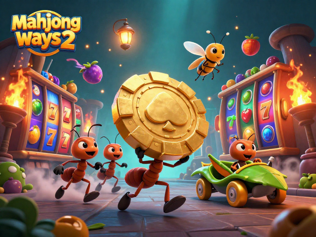 Experience mahjong ways 2 with ants heisting a giant poker chip in a vibrant casino scene.