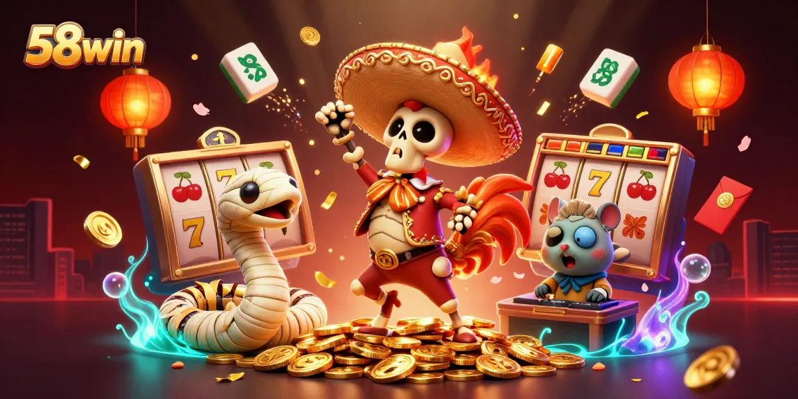 Engage in exciting gameplay at 58win with a festive 3D illustration of casinos and winnings.
