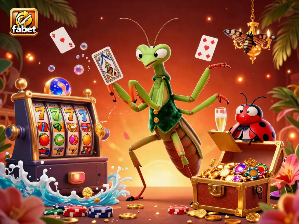 Engage with fabet's vibrant slots scene featuring a praying mantis card sharp, a ladybug pit boss, and thrilling treasures.