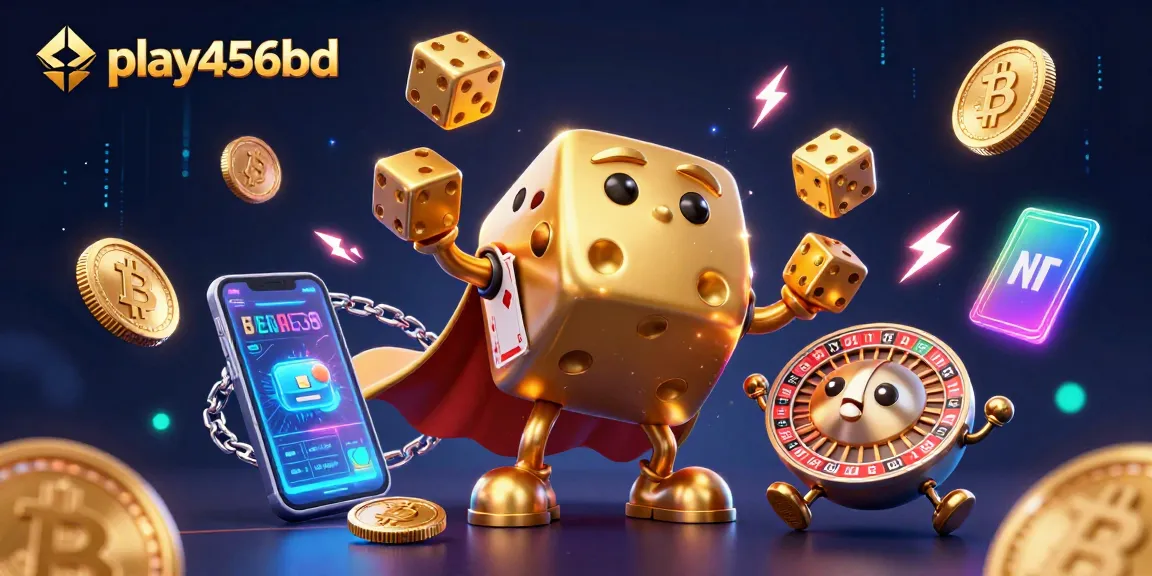 Engage with play456bd's casino vibe, showcasing a dynamic 3D illustration of a golden dice golem and crypto elements.