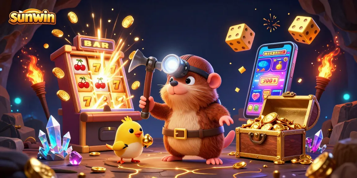 Sunwin jackpot explosion scene with a treasure hunter mole and canary companion amidst vibrant casino elements.