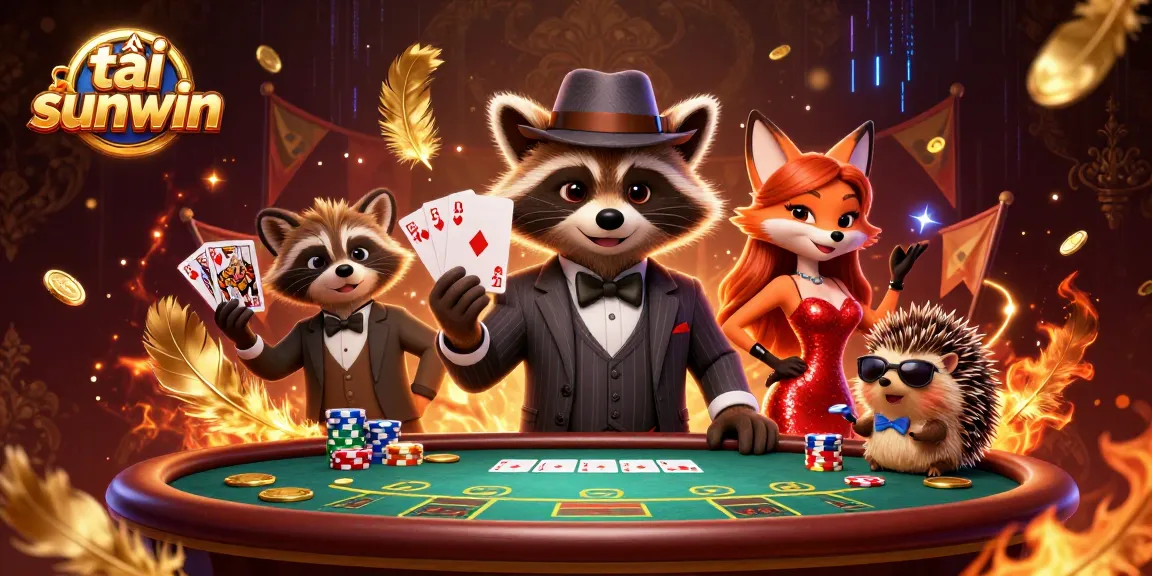 Tải sunwin: Win big with an exciting poker scene featuring a suave raccoon, a dazzling fox, and a hedgehog bouncer.
