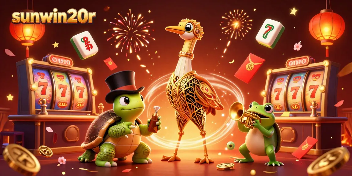 Experience thrilling casino action with sunwin20r featuring vibrant characters, fireworks, and slot reels.