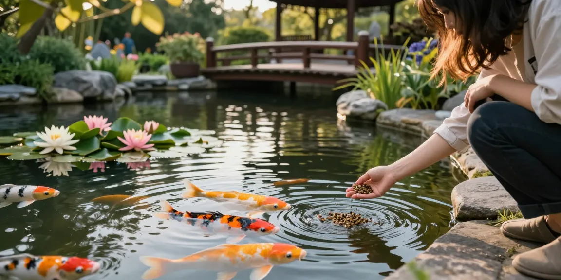 Koi fish feeding at a tranquil pond on koiaminos.com, showcasing a serene water garden setting.