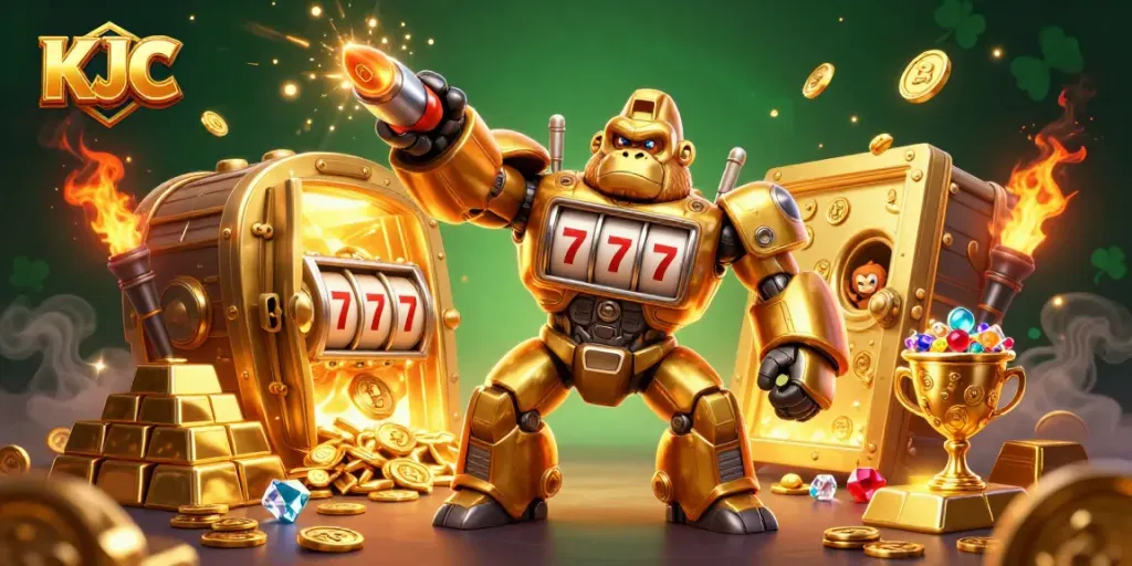 KJC unleashes a vibrant casino scene with a golden mech and treasures bursting forth.