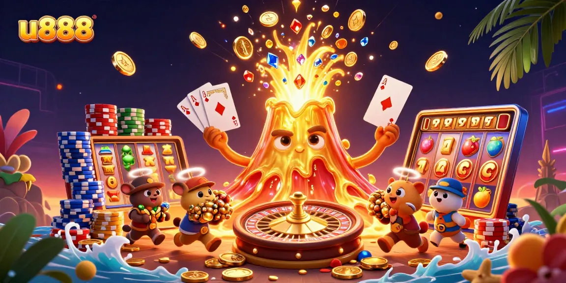 Spin to win on u888 with a vibrant eruption of golden treasure, coins, and lively 3D gaming elements.