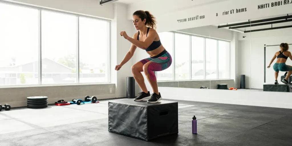 Woman performing hop over exercise in a vibrant gym setting, demonstrating effective fitness techniques.