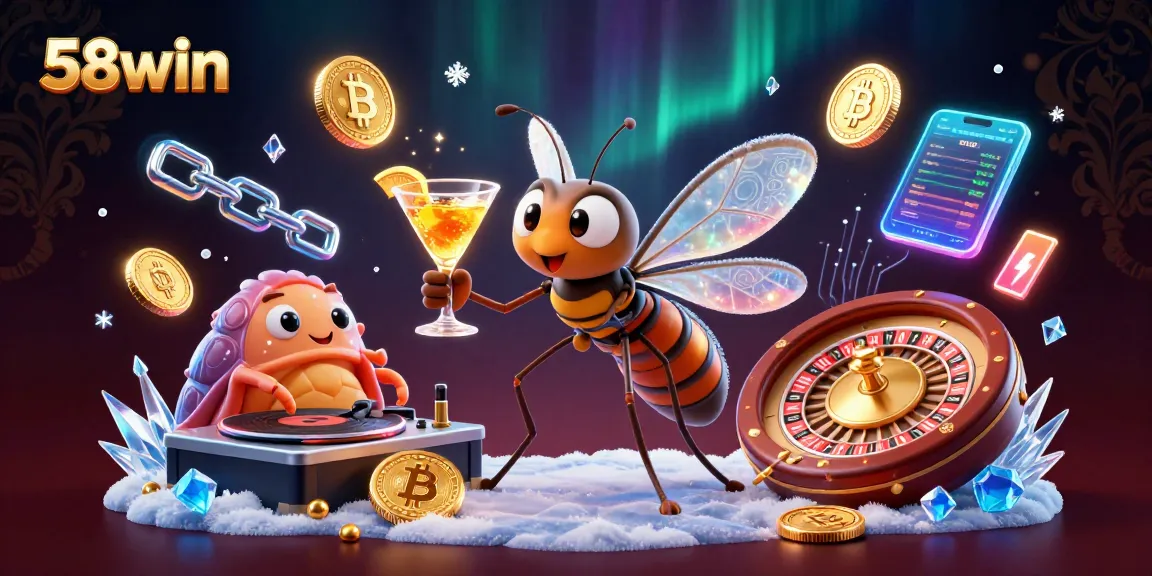 Engage in thrilling gaming with 58win's vibrant casino scene featuring unique characters and crypto elements.