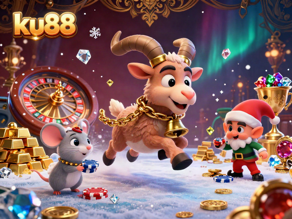 Engage in festive gaming excitement at ku88 with Krampus and mischievous elves stealing poker chips.