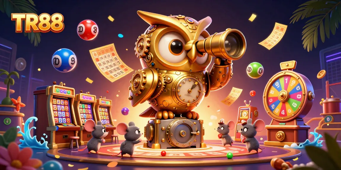 Engage with TR88's vibrant casino scene featuring a golden owl and slot machines.