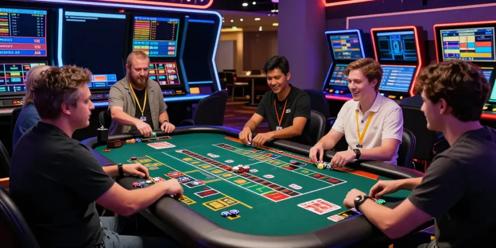 Players enjoying the excitement of online gaming at http://11bet-app.net/ in a vibrant casino environment.
