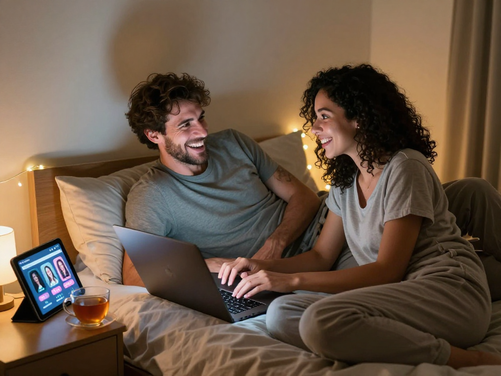 Couple enjoying a playful conversation using sex chat ai in a cozy bedroom, creating an intimate atmosphere.