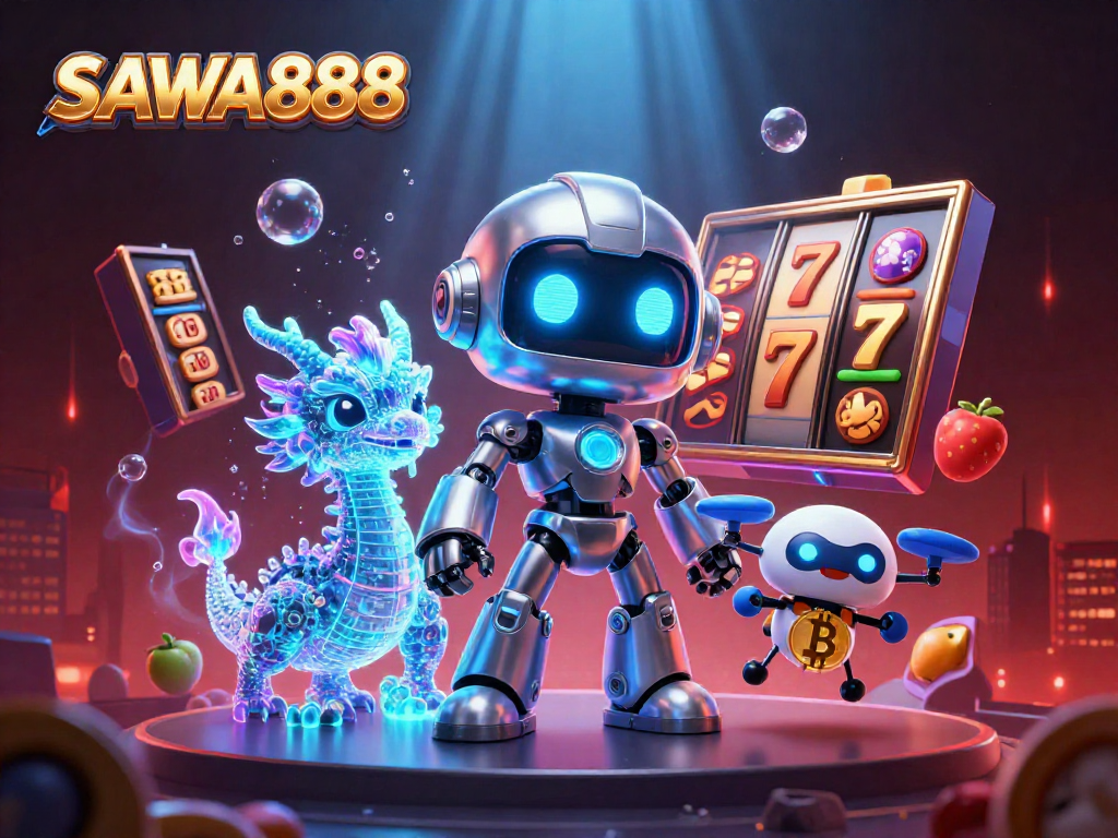 Engage with SAWA888's dynamic gaming scene featuring a neon-themed robot, a holographic dragon, and slot symbols.