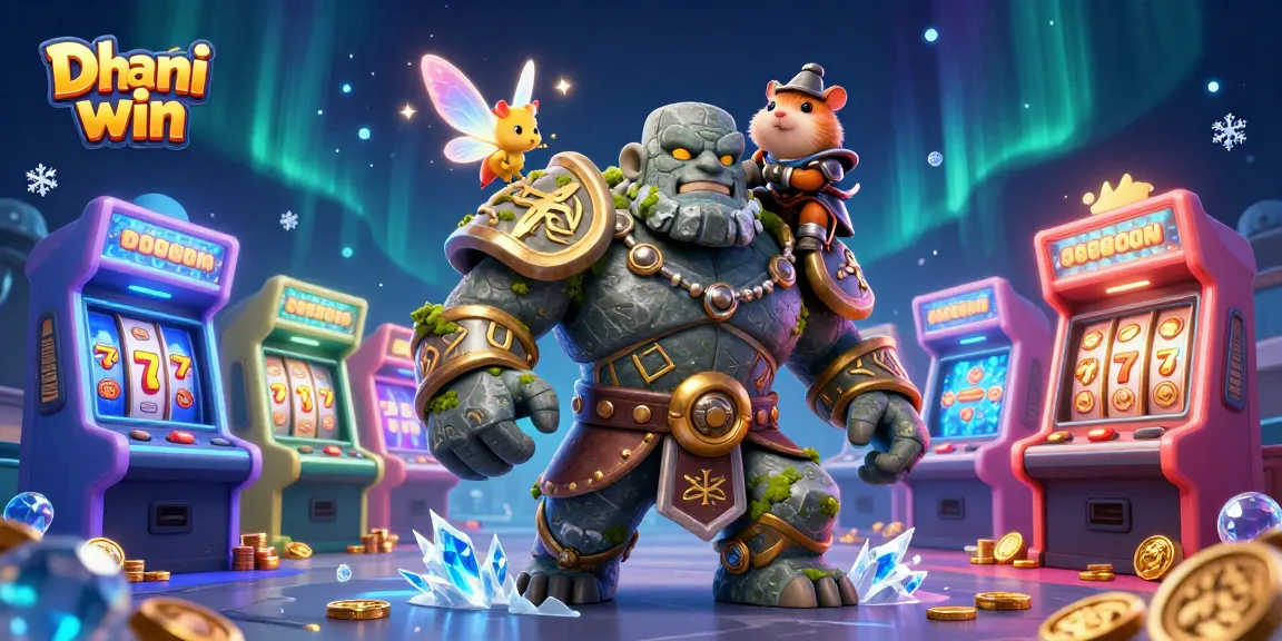 Dhani win brings excitement with a magical 3D scene featuring a golem, fairy, and hamster knight surrounded by arcade gaming elements.