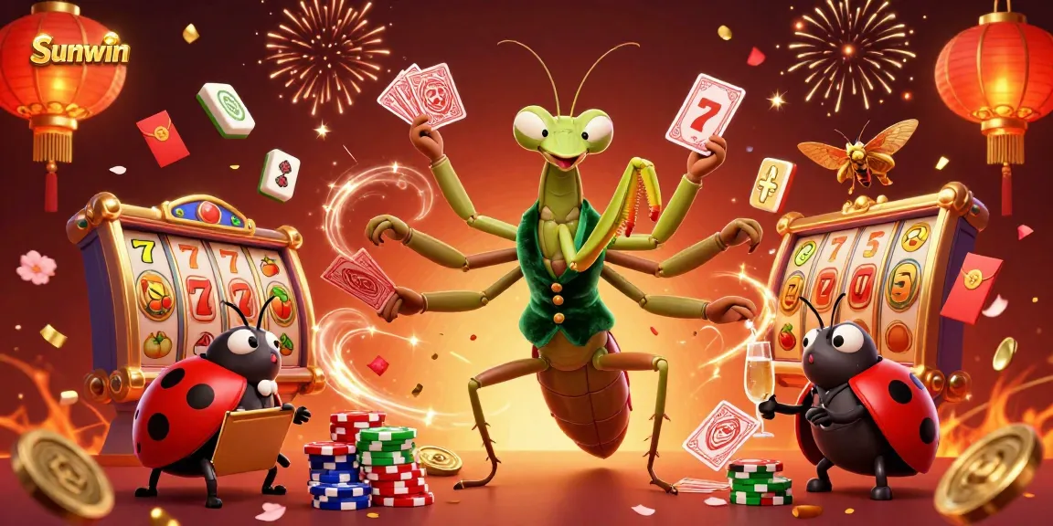 Sunwin's engaging atmosphere with a giant mantis card sharp dealing cards while surrounded by casino elements.