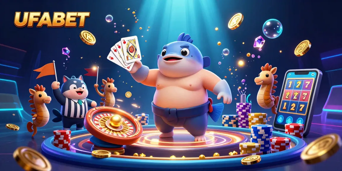 Spin at UFABET with a dynamic underwater casino scene featuring a fugu, mesmerizing coins, and vibrant lights.