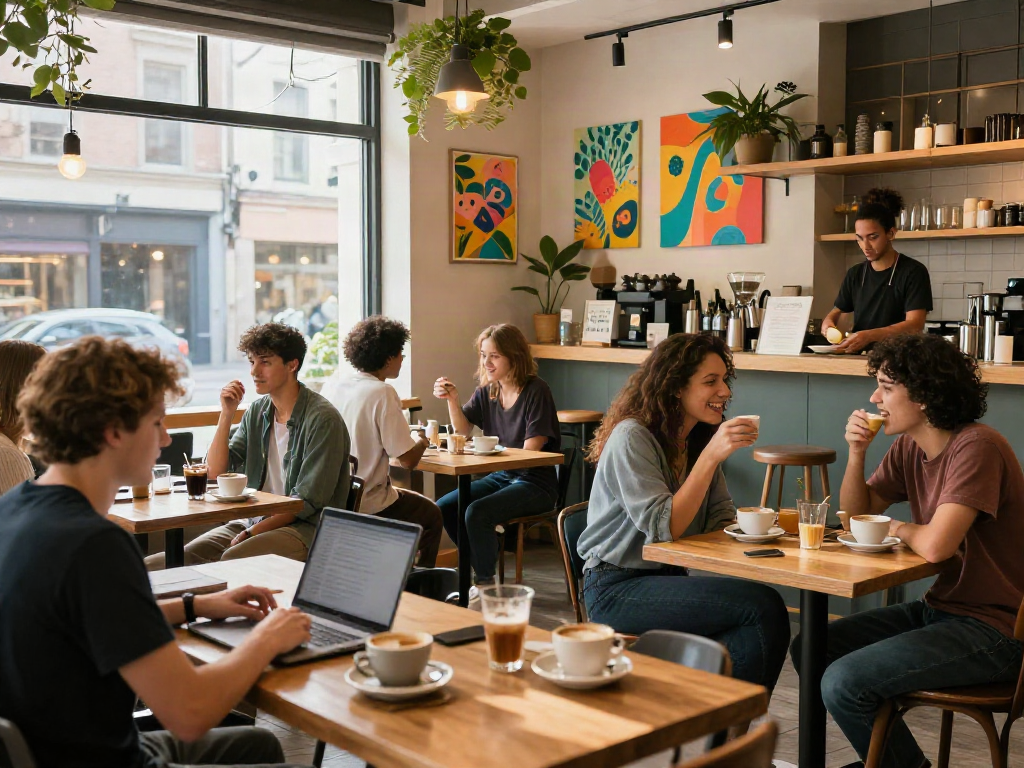 Engaged group enjoying spicy chat in a vibrant café.