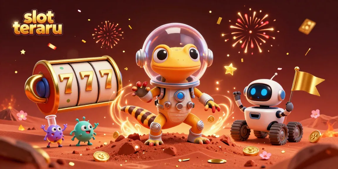 Experience thrilling gameplay with slot terbaru in this vibrant 3D illustration showcasing a Martian gecko in a casino.